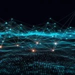 Fotografia grandangolare, 10mm, messa a fuoco nitida, che mostra una vasta rete neurale digitale luminosa che si estende su un paesaggio astratto di dati, simboleggiando l'estrazione di conoscenza su larga scala da comunità online. Alcune connessioni brillano più intensamente, rappresentando insight chiave su sintomi e riabilitazione.