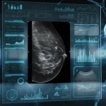 Immagine fotorealistica concettuale che mostra un modello di deep learning multimodale analizzare simultaneamente una mammografia e un'ecografia del seno su uno schermo futuristico trasparente, con linee di codice e grafici neurali visibili sullo sfondo. Illuminazione controllata e high-tech, obiettivo prime 35mm, profondità di campo media.