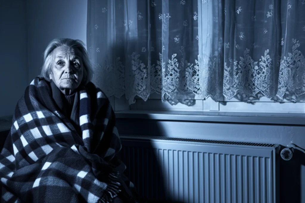 Interno scarsamente illuminato di un appartamento freddo, con una persona anziana avvolta in una coperta vicino a un termosifone spento, a simboleggiare la povertà energetica. Fotografia ritratto, obiettivo 35mm, toni blu e grigi duotone per accentuare la freddezza e la difficoltà, profondità di campo che sfoca lo sfondo.