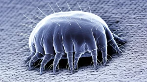 Macro fotografia di acari della polvere (Dermatophagoides farinae) su un tessuto, obiettivo macro 100mm, alta definizione, illuminazione controllata per evidenziare i dettagli degli allergeni.