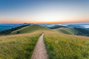 Paesaggio grandangolare, obiettivo da 15 mm, un sentiero che porta verso un'alba delicata sulle colline, focus acuto, trasmissione di speranza, viaggio e supporto, leggera luce del mattino.