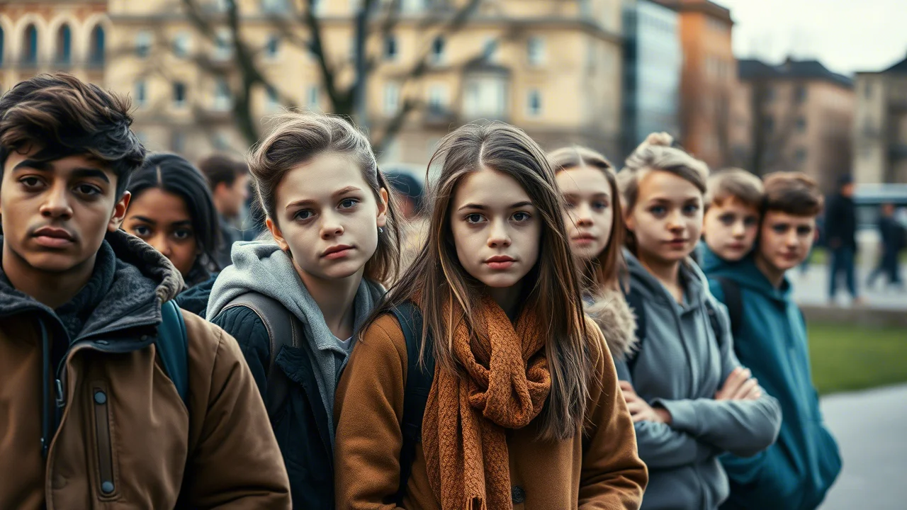 Ritratto fotografico con obiettivo da 35mm di un gruppo eterogeneo di adolescenti svedesi (ragazzi e ragazze, diverse etnie) in un parco cittadino a Stoccolma, guardano verso l'obiettivo con espressioni pensierose ma resilienti. Luce naturale morbida, profondità di campo che sfoca leggermente lo sfondo urbano. Duotone leggero blu e grigio per un'atmosfera riflessiva ma speranzosa.
