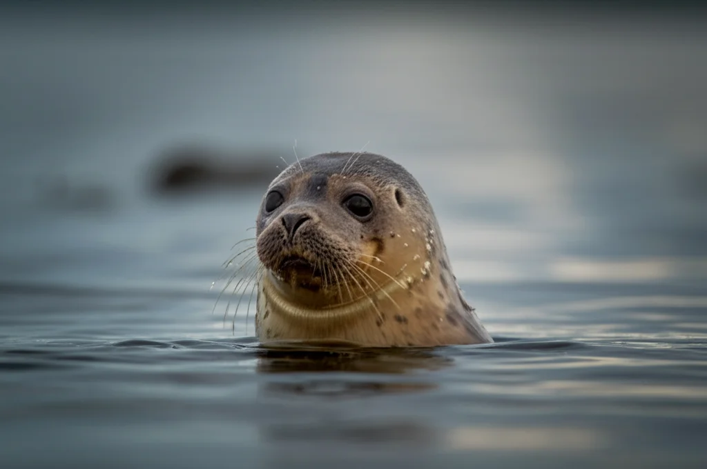 Ritratto fotografico di una foca anellata del Saimaa (Pusa hispida saimensis) che emerge dall'acqua con gocce che le scivolano sulla pelliccia, sfondo leggermente sfocato del lago Saimaa, obiettivo da ritratto 85mm, profondità di campo ridotta, luce naturale morbida.