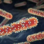 Visualizzazione artistica fotorealistica di batteri streptococchi con proteine di membrana evidenziate, decorate da molecole di zucchero (glicosilazione), su uno sfondo scuro astratto, obiettivo prime 35mm, profondità di campo ridotta per focalizzare sui batteri in primo piano, illuminazione suggestiva che mette in risalto le molecole di zucchero.