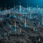 Visualizzazione geologica 3D di un giacimento carbonatico sotterraneo eterogeneo, con sovrapposta una rete neurale luminosa che analizza i dati di logging dei pozzi per predire la permeabilità, lente grandangolare 24mm, focus nitido sulla struttura rocciosa e sui flussi di dati digitali, effetto profondità di campo.