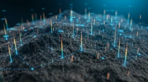 Visualizzazione geologica 3D di un giacimento carbonatico sotterraneo eterogeneo, con sovrapposta una rete neurale luminosa che analizza i dati di logging dei pozzi per predire la permeabilità, lente grandangolare 24mm, focus nitido sulla struttura rocciosa e sui flussi di dati digitali, effetto profondità di campo.