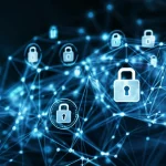 Concetto astratto di intelligenza artificiale che apprende da diverse fonti di dati senza accedervi direttamente, visualizzazione high-tech con nodi di rete luminosi e lucchetti a simboleggiare la privacy, wide-angle, 24mm, sharp focus.