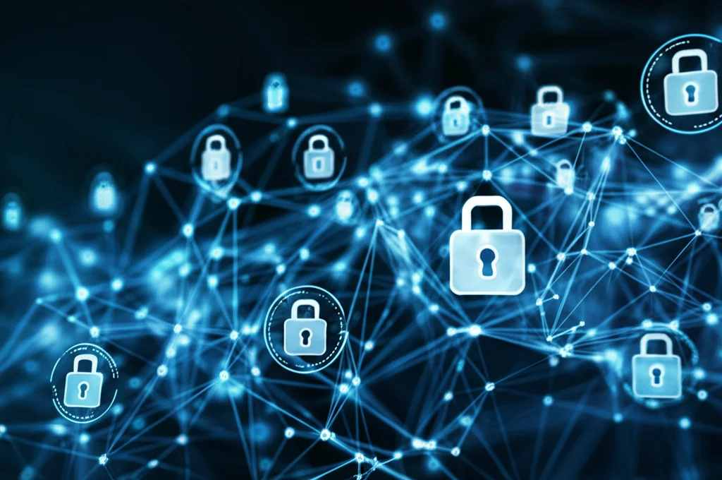 Concetto astratto di intelligenza artificiale che apprende da diverse fonti di dati senza accedervi direttamente, visualizzazione high-tech con nodi di rete luminosi e lucchetti a simboleggiare la privacy, wide-angle, 24mm, sharp focus.