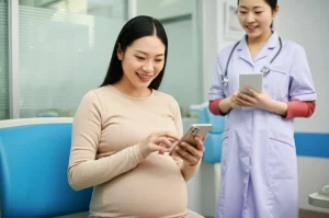 Fotografia di ritratto, una giovane donna incinta cinese sorridente (~30 anni) in un ambiente ospedaliero moderno e luminoso, guarda il suo smartphone mostrando un'interfaccia simile a WeChat con messaggi e consigli prenatali. Sullo sfondo, leggermente sfocata, un'infermiera cinese con un'espressione gentile. Obiettivo prime 35mm, profondità di campo ridotta per focalizzare sulla donna e lo smartphone, toni caldi e rassicuranti, luce naturale laterale.