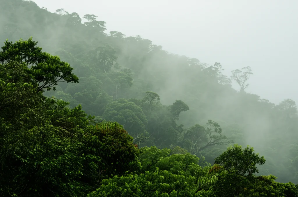 Fotografia grandangolare di una lussureggiante foresta tropicale montana nella Serra do Mar, Brasile, avvolta nella nebbia mattutina. La luce del sole filtra debolmente tra le chiome fitte. Obiettivo grandangolare 18mm, lunga esposizione per ammorbidire la nebbia, messa a fuoco nitida sulla vegetazione in primo piano, colori verdi intensi.