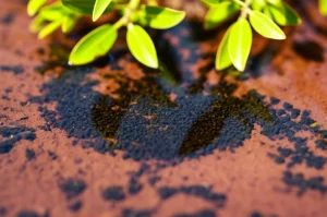 Fotografia macro fotorealistica, lente 100mm, di nanoparticelle magnetiche scure (ZnO@Fe2O3 decorate con Ag/AgCl) parzialmente immerse in acqua limpida su un fondo che richiama la terra rossa di Hormoz e foglie verdi di Avicennia marina sfocate sullo sfondo. La luce solare illumina la scena, suggerendo l'attivazione fotocatalitica. Alta definizione, messa a fuoco precisa sulle nanoparticelle, illuminazione controllata per enfatizzare la texture e il potenziale.