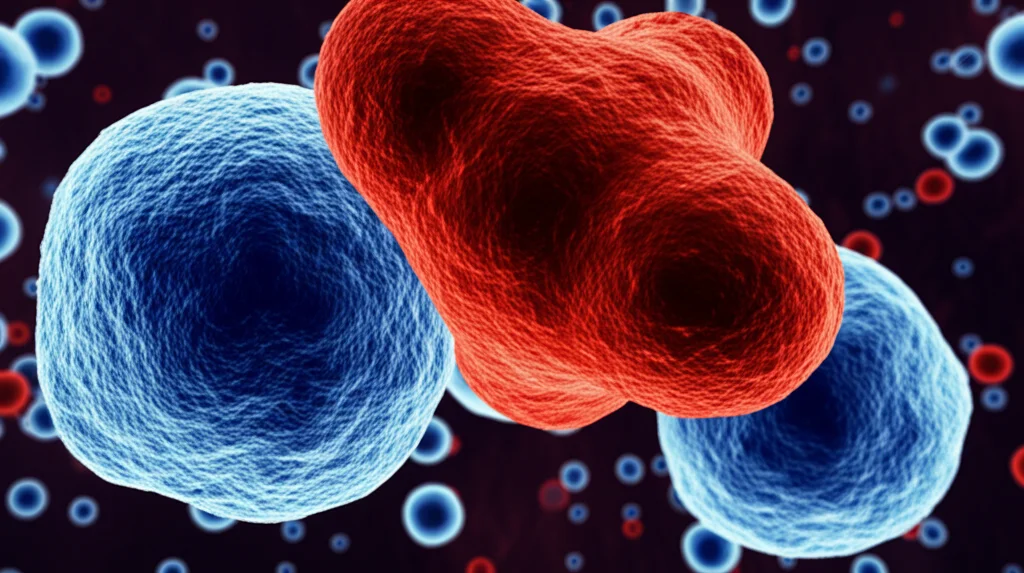 Immagine concettuale astratta che rappresenta la complessa intersezione tra due tipi di cancro, linfoma e tumore solido. Forme cellulari stilizzate di diversi colori (es. blu per linfoma, rosso per tumore solido) si intrecciano su uno sfondo scuro. Macro lens, 60mm, high detail, controlled lighting, per simboleggiare le neoplasie multiple primarie e la sfida diagnostico-terapeutica.