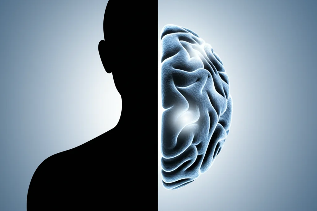 Immagine concettuale che mostra una silhouette umana divisa a metà: da un lato simboli di allergie (pollini stilizzati, inalatore) e dall'altro un cervello stilizzato con aree luminose e scure a rappresentare la salute neurologica e l'Alzheimer, duotone blu e argento, prime lens 35mm, depth of field, per illustrare il potenziale legame genetico.