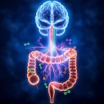 Immagine concettuale che rappresenta l'asse intestino-cervello. Si vede un cervello stilizzato connesso a un intestino stilizzato tramite percorsi neurali luminosi e flussi di molecole colorate (metaboliti). Sfondo leggermente sfocato per dare profondità. Prime lens, 35mm, Depth of field, high detail, controlled lighting, colori vibranti ma non irreali.