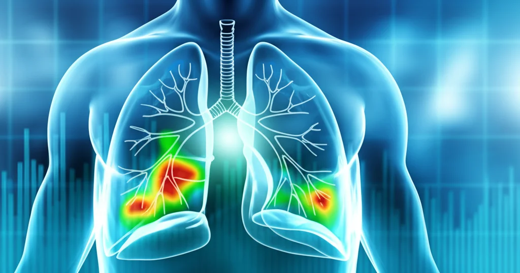 Immagine concettuale di un polmone umano sano e luminoso sovrapposto a grafici EIT che mostrano una ventilazione e perfusione ottimizzate, simboleggiando il successo del trattamento innovativo post-trapianto, obiettivo prime 35mm, duotono blu e verde brillante, profondità di campo che sfoca uno sfondo clinico.