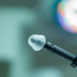Primo piano della punta di un endoscopio gastrointestinale su cui è montato un cappuccio protettivo trasparente in idrogel. Sfondo sfocato di un ambiente medico/laboratorio. Obiettivo macro 90mm, alta definizione, illuminazione controllata per evidenziare la trasparenza e la forma del cappuccio, profondità di campo ridotta.