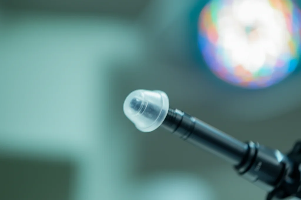 Primo piano della punta di un endoscopio gastrointestinale su cui è montato un cappuccio protettivo trasparente in idrogel. Sfondo sfocato di un ambiente medico/laboratorio. Obiettivo macro 90mm, alta definizione, illuminazione controllata per evidenziare la trasparenza e la forma del cappuccio, profondità di campo ridotta.