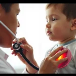 Primo piano di un medico che ausculta il torace di un bambino piccolo con uno stetoscopio in un ambiente clinico luminoso, obiettivo prime 35mm, profondità di campo per sfocare lo sfondo, luce naturale soffusa, per rappresentare la diagnosi della polmonite e l'ascolto dei suoni respiratori.