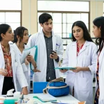 Ritratto fotografico, 50mm, di un gruppo diversificato di studenti di medicina pakistani in camice bianco che discutono animatamente attorno a un tavolo in un laboratorio universitario moderno ma con alcune attrezzature visibilmente datate. Luce naturale dalla finestra, profondità di campo media. Depth of field, natural lighting.