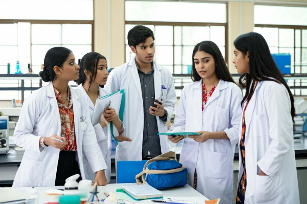 Ritratto fotografico, 50mm, di un gruppo diversificato di studenti di medicina pakistani in camice bianco che discutono animatamente attorno a un tavolo in un laboratorio universitario moderno ma con alcune attrezzature visibilmente datate. Luce naturale dalla finestra, profondità di campo media. Depth of field, natural lighting.