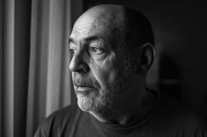 Ritratto intenso di un uomo di mezza età, sopravvissuto a tumore cerebrale, che guarda fuori da una finestra con espressione preoccupata ma resiliente, simboleggiando la lotta contro la tossicità finanziaria; fotografia 50mm prime lens, profondità di campo media, luce naturale laterale che crea contrasto, bianco e nero cinematografico.
