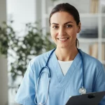 Ritratto professionale di un'operatrice sanitaria comportamentale sorridente e fiduciosa in un ambiente clinico moderno e luminoso. Donna di circa 40 anni, indossa abbigliamento professionale ma accessibile. Luce calda e naturale che entra da una finestra laterale, obiettivo 50mm, sfondo leggermente sfocato con elementi d'arredo sobri (pianta, libreria). Stile fotorealistico, alta definizione.