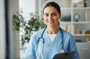 Ritratto professionale di un'operatrice sanitaria comportamentale sorridente e fiduciosa in un ambiente clinico moderno e luminoso. Donna di circa 40 anni, indossa abbigliamento professionale ma accessibile. Luce calda e naturale che entra da una finestra laterale, obiettivo 50mm, sfondo leggermente sfocato con elementi d'arredo sobri (pianta, libreria). Stile fotorealistico, alta definizione.