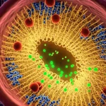 Visualizzazione 3D artistica e scientificamente accurata dell'interfaccia ER-Golgi, con un condensato cavo di TFG (struttura a rete traslucida dorata) che agisce come un setaccio. Piccole vescicole COPII (verdi brillanti) passano attraverso i pori entrando nel lume, mentre grandi complessi COPI (rossi opachi) e ribosomi (sfere blu scuro) sono bloccati all'esterno. Sfondo scuro con membrane ER e Golgi stilizzate. Obiettivo grandangolare 24mm, profondità di campo, illuminazione bio-luminescente suggestiva.