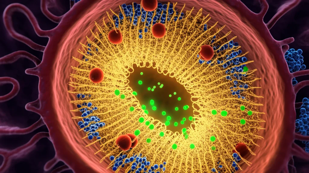 Visualizzazione 3D artistica e scientificamente accurata dell'interfaccia ER-Golgi, con un condensato cavo di TFG (struttura a rete traslucida dorata) che agisce come un setaccio. Piccole vescicole COPII (verdi brillanti) passano attraverso i pori entrando nel lume, mentre grandi complessi COPI (rossi opachi) e ribosomi (sfere blu scuro) sono bloccati all'esterno. Sfondo scuro con membrane ER e Golgi stilizzate. Obiettivo grandangolare 24mm, profondità di campo, illuminazione bio-luminescente suggestiva.
