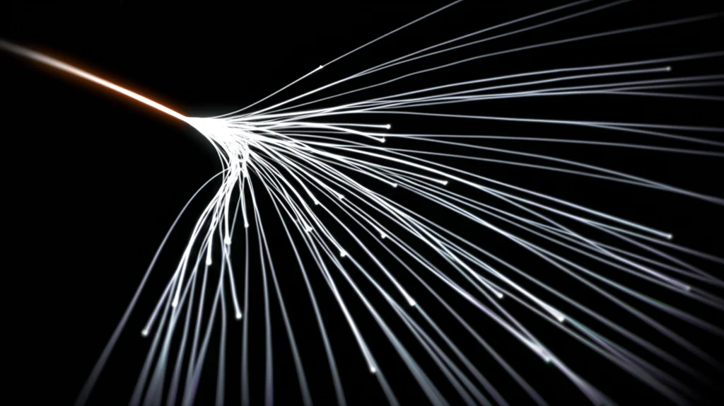Visualizzazione artistica del concetto di fluttuazioni stocastiche attorno a un comportamento medio deterministico, mostrando una curva centrale liscia (limite zero rumore) e un fascio di traiettorie 'rumorose' che convergono verso una distribuzione gaussiana attorno ad essa, stile cinematografico, depth of field, 35mm prime lens.
