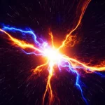 Visualizzazione concettuale ad alto impatto della materia calda e densa creata nelle collisioni di particelle (RHIC/LHC). Al centro, una regione incandescente e turbolenta dove strutture filamentose luminose (mesoni dilatati, 'stringhe') interagiscono fortemente, rappresentando il 'fluido stringoso' sopra la temperatura di ripristino chirale (Tch). Lo sfondo è scuro, quasi spaziale, per enfatizzare l'energia concentrata. Stile: Fotografia astronomica concettuale, grandangolo 15mm, lunga esposizione simulata per scie luminose e motion blur, colori intensi e contrastanti (arancio fuoco, viola profondo, blu elettrico), focus nitido sulla regione centrale caotica.