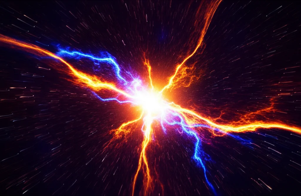 Visualizzazione concettuale ad alto impatto della materia calda e densa creata nelle collisioni di particelle (RHIC/LHC). Al centro, una regione incandescente e turbolenta dove strutture filamentose luminose (mesoni dilatati, 'stringhe') interagiscono fortemente, rappresentando il 'fluido stringoso' sopra la temperatura di ripristino chirale (Tch). Lo sfondo è scuro, quasi spaziale, per enfatizzare l'energia concentrata. Stile: Fotografia astronomica concettuale, grandangolo 15mm, lunga esposizione simulata per scie luminose e motion blur, colori intensi e contrastanti (arancio fuoco, viola profondo, blu elettrico), focus nitido sulla regione centrale caotica.