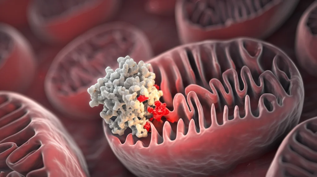 Illustrazione 3D fotorealistica che mostra l'enzima CYP2E1 interagire con la proteina OPA1 sulla membrana interna di un mitocondrio all'interno di una cellula cardiaca. L'interazione causa la frammentazione del mitocondrio. Illuminazione drammatica, alto dettaglio, colori duotone rosso e grigio scuro, obiettivo 35mm, profondità di campo.
