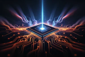 Immagine concettuale astratta, obiettivo 35mm, raffigurante filamenti intrecciati di luce quantistica (blu/viola brillante) e pattern caotici (simil-frattali, arancione/rosso) che convergono su un piccolo chip IoT stilizzato. Profondità di campo, illuminazione drammatica, a simboleggiare la fusione di tecniche quantistiche e caotiche per la sicurezza IoT.