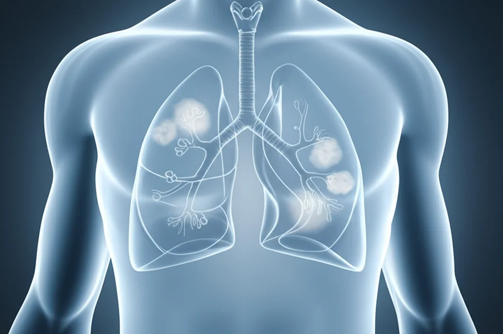 Immagine concettuale di polmoni umani trasparenti che mostrano gli alveoli, con alcune aree leggermente opache a simboleggiare una ridotta funzione, sovrapposti a una fiala di desametasone. Sfondo astratto blu e grigio. Obiettivo prime 35mm, profondità di campo, stile duotone blu e grigio.