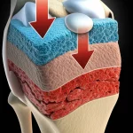 Immagine concettuale fotorealistica che mostra un organoide cartilagineo singolo impiantato in un difetto osteocondrale all'interno di un'articolazione del ginocchio. Frecce a gradiente di colore (da blu chiaro a rosso scuro) indicano la differenziazione guidata dal microambiente: cartilagine (blu chiaro, avascolare) nella parte superiore e osso (rosso scuro, vascolare) nella parte inferiore. Illuminazione drammatica che evidenzia la zona di rigenerazione, focus selettivo sull'interfaccia tra organoide e tessuto nativo, lente prime 35mm, profondità di campo.