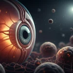 Immagine concettuale fotorealistica del fondo oculare umano che mostra fotorecettori sani e degenerati, con un focus visivo sui mitocondri (piccoli organelli brillanti) e sui processi di autofagia (vescicole) e necroptosi (cellule che si rompono) a livello cellulare. Illuminazione drammatica, stile cinematografico, lente prime 35mm, profondità di campo, colori leggermente desaturati con accenti brillanti sui processi chiave.