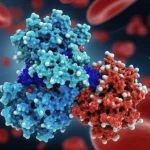 Immagine concettuale fotorealistica della lotta contro la malaria: una molecola di peptide ciclico stilizzata, luminosa e dettagliata, che si incastra perfettamente in una rappresentazione 3D dell'enzima Proplasmepsin IV, bloccandone la funzione. Sullo sfondo, globuli rossi stilizzati e l'ombra del parassita Plasmodium. Focale 50mm, prime lens, profondità di campo accentuata, colori duotone blu (scienza, tecnologia) e rosso (malattia, sangue), illuminazione drammatica.