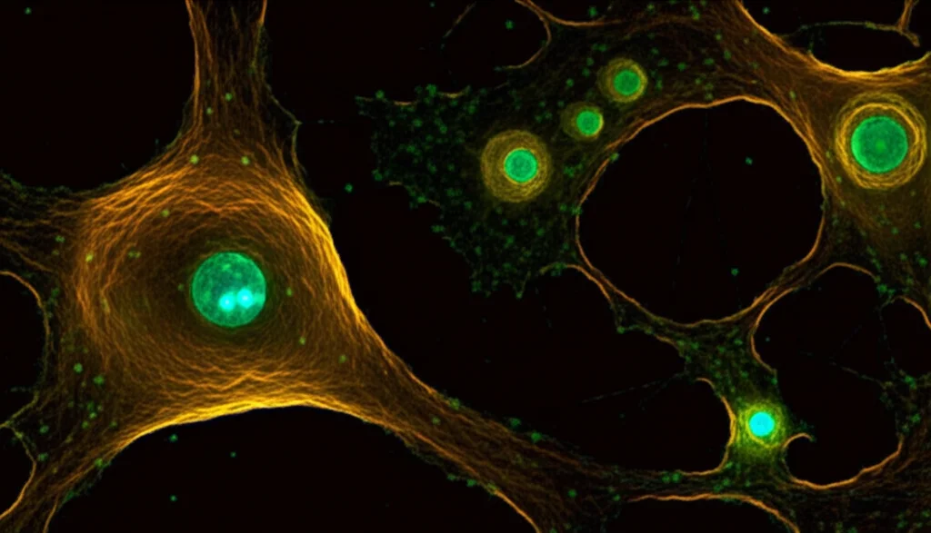 Immagine macro fotorealistica di cellule staminali neurali (NI-hADSC) luminose che rilasciano esosomi brillanti verso neuroni scuri e danneggiati simili a quelli del Parkinson, su uno sfondo nero profondo. Illuminazione controllata che evidenzia i dettagli cellulari e le vescicole. Obiettivo macro 100mm, alta definizione, focus preciso sulle interazioni cellulari.