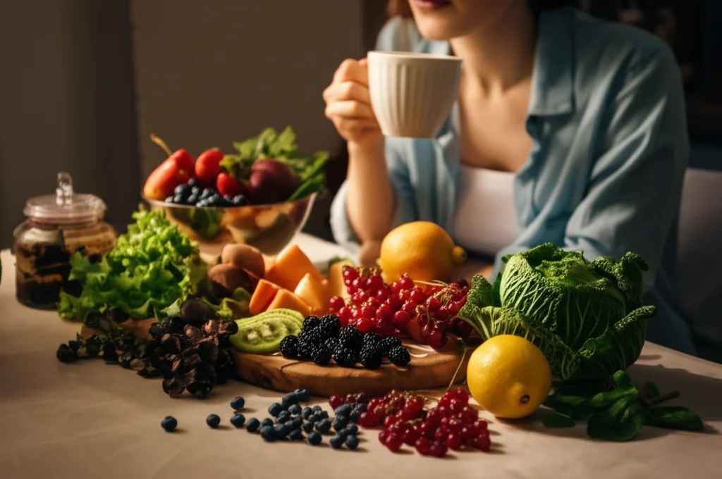 Immagine still life con una selezione colorata di frutta e verdura ricca di flavonoidi (bacche, agrumi, verdure a foglia verde, tè) disposta artisticamente su un tavolo luminoso, accanto a una persona serena che sorseggia una tazza di tè, obiettivo macro 85mm, luce naturale morbida, messa a fuoco selettiva sugli alimenti, alta definizione.