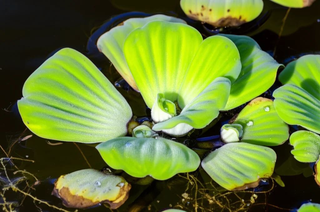Primo piano macro (obiettivo 100mm) di una pianta di Eichhornia crassipes (giacinto d'acqua) che galleggia su acqua leggermente torbida. Le foglie verdi brillanti contrastano con l'acqua scura, simboleggiando la resilienza della natura all'inquinamento industriale (come quello da ceneri volanti). Illuminazione laterale controllata, alta definizione, messa a fuoco precisa sulla texture delle foglie e sulle goccioline d'acqua.