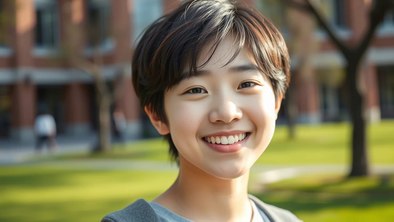 Ritratto di una giovane studentessa universitaria cinese sorridente all'aperto in un campus universitario verde, luce solare diffusa. Obiettivo prime 50mm, profondità di campo ridotta per sfocare leggermente lo sfondo, colori naturali e vivaci, espressione positiva e salutare.