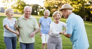 Un gruppo diversificato di anziani australiani attivi e sorridenti che partecipano a un'attività comunitaria leggera all'aperto in un parco, simboleggiando i benefici di un programma di cura restorative e la gioia di rimanere attivi. Fotografia con teleobiettivo zoom 100mm, luce naturale del tardo pomeriggio che crea un'atmosfera calda, catturando interazioni positive e movimento leggero tra i partecipanti.