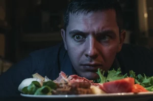 Una persona guarda con sospetto e disgusto un piatto contenente cibi esotici e sconosciuti, illuminazione drammatica laterale che accentua l'espressione facciale, obiettivo 50mm, profondità di campo che sfoca leggermente lo sfondo, stile realistico ad alto dettaglio.