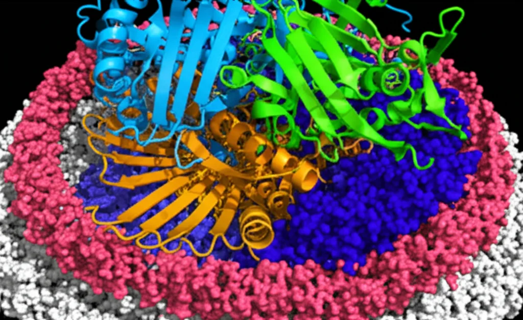 Visualizzazione 3D fotorealistica dell'enzima transmembrana PimE di Mycobacterium, obiettivo prime 50mm, profondità di campo, che mostra la sua struttura complessa integrata in una nanodisco lipidico, con la cavità di legame del substrato evidenziata, illuminazione da studio controllata.