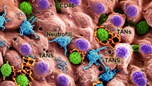 Visualizzazione fotorealistica del complesso microambiente tumorale del cancro gastrico, mostrando diverse cellule immunitarie, inclusi neutrofili (TANs) dai colori distinti per sottotipo, che interagiscono con cellule tumorali epiteliali maligne, obiettivo grandangolare 24mm per una visione d'insieme, colori vibranti ma realistici, focus nitido sulle interazioni cellulari chiave come CD46-JAG1.