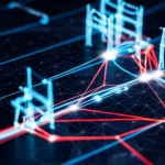 Concetto astratto di sicurezza informatica per infrastrutture critiche: una rete neurale stilizzata e luminosa sovrapposta a una mappa schematica di una rete di distribuzione elettrica, con linee luminose blu e rosse che tracciano percorsi di dati e potenziali minacce cyber. Obiettivo grandangolare 24mm, messa a fuoco nitida sull'intersezione tra rete neurale e mappa elettrica, illuminazione high-tech con sfondo scuro.