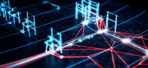 Concetto astratto di sicurezza informatica per infrastrutture critiche: una rete neurale stilizzata e luminosa sovrapposta a una mappa schematica di una rete di distribuzione elettrica, con linee luminose blu e rosse che tracciano percorsi di dati e potenziali minacce cyber. Obiettivo grandangolare 24mm, messa a fuoco nitida sull'intersezione tra rete neurale e mappa elettrica, illuminazione high-tech con sfondo scuro.
