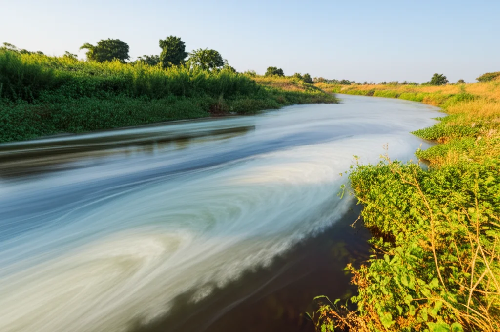 Fotografia grandangolare, obiettivo 18mm, che mostra uno scarico di acque trattate da un impianto di depurazione nel fiume Wupa, Nigeria. L'acqua dell'effluente si mescola con l'acqua del fiume. Paesaggio circostante con vegetazione fluviale. Lungo tempo di esposizione per rendere l'acqua liscia, messa a fuoco nitida, luce naturale del tardo pomeriggio, evidenziando il punto di potenziale contaminazione.