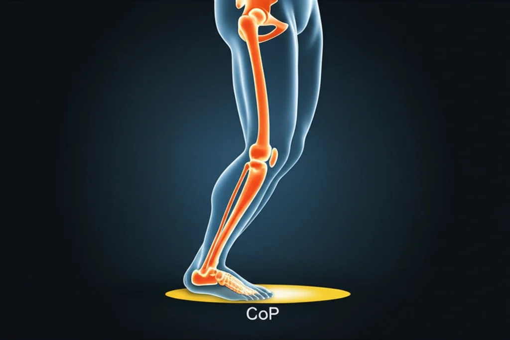 Illustrazione biomeccanica che mostra la transizione dalla strategia posturale della caviglia a quella dell'anca in una figura umana stilizzata, con enfasi sulle articolazioni coinvolte e sul centro di pressione (CoP) sotto i piedi. Stile fotorealistico, illuminazione drammatica, lente 50mm, profondità di campo.